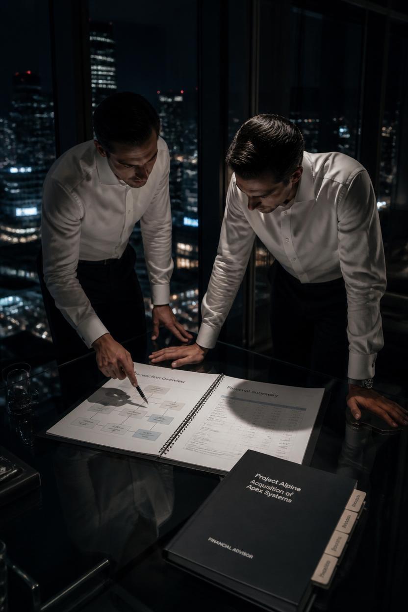 IB-Analyst am Bloomberg-Terminal um 2 Uhr nachts, Pitchbook und Finanzmodelle auf dem Schreibtisch.