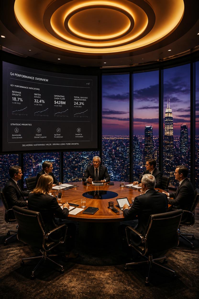C-Suite-Führungskräfte in Anzügen an rundem Boardroom-Tisch bei Dämmerung, Skyline und Board-KPI-Folie sichtbar.