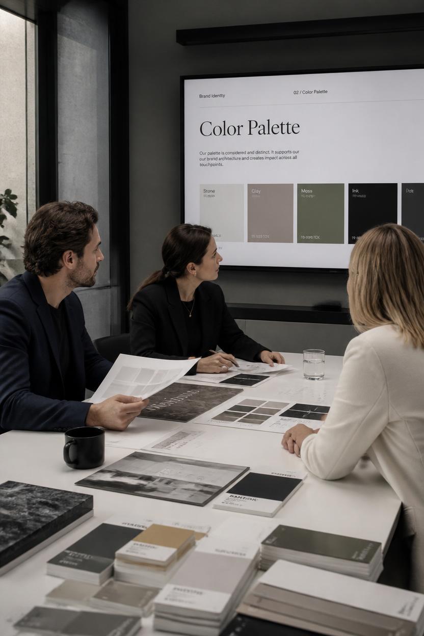Marketing-Kreative vor Mood Board mit Pantone-Mustern und MacBook mit farbenfroher Kampagnenpräsentation.