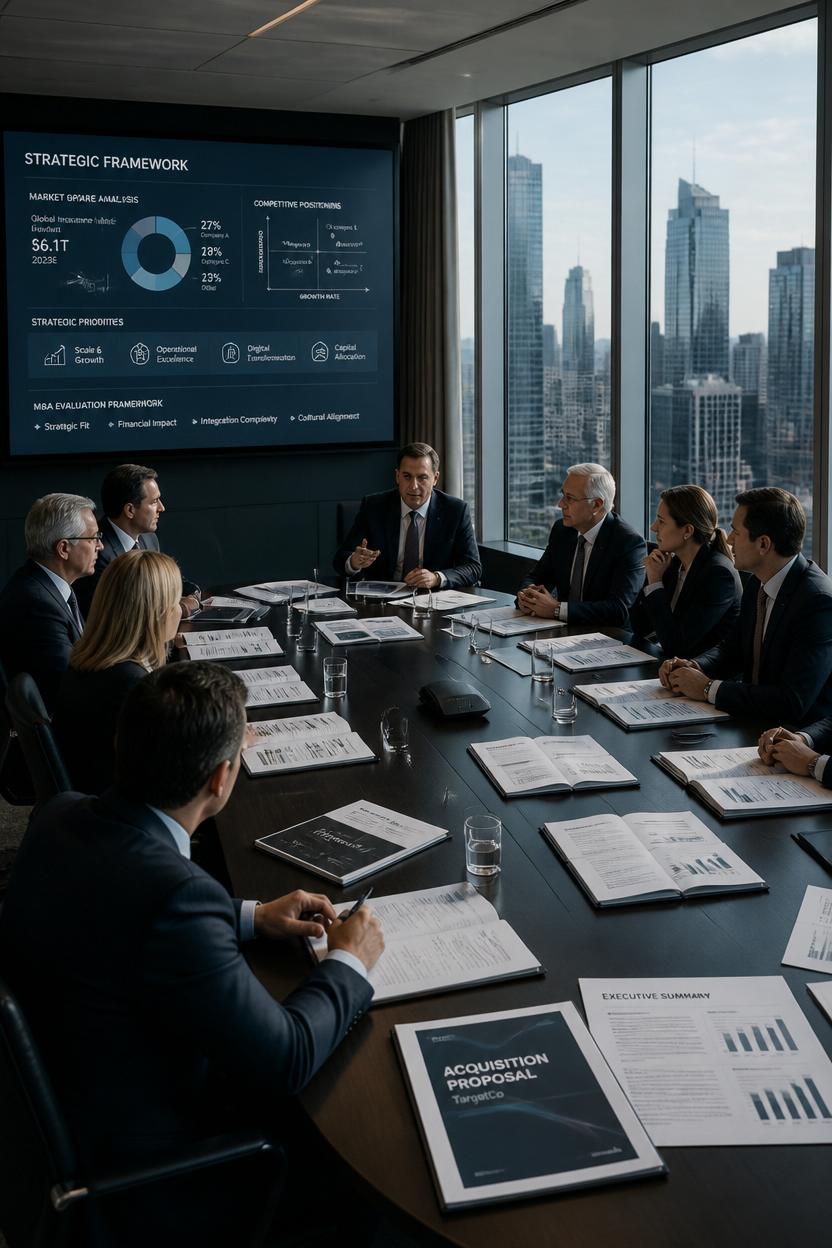 Führungskräfte in Anzügen in einem Glasboardroom mit Skyline und M&A-Strategiefolie auf dem Screen.