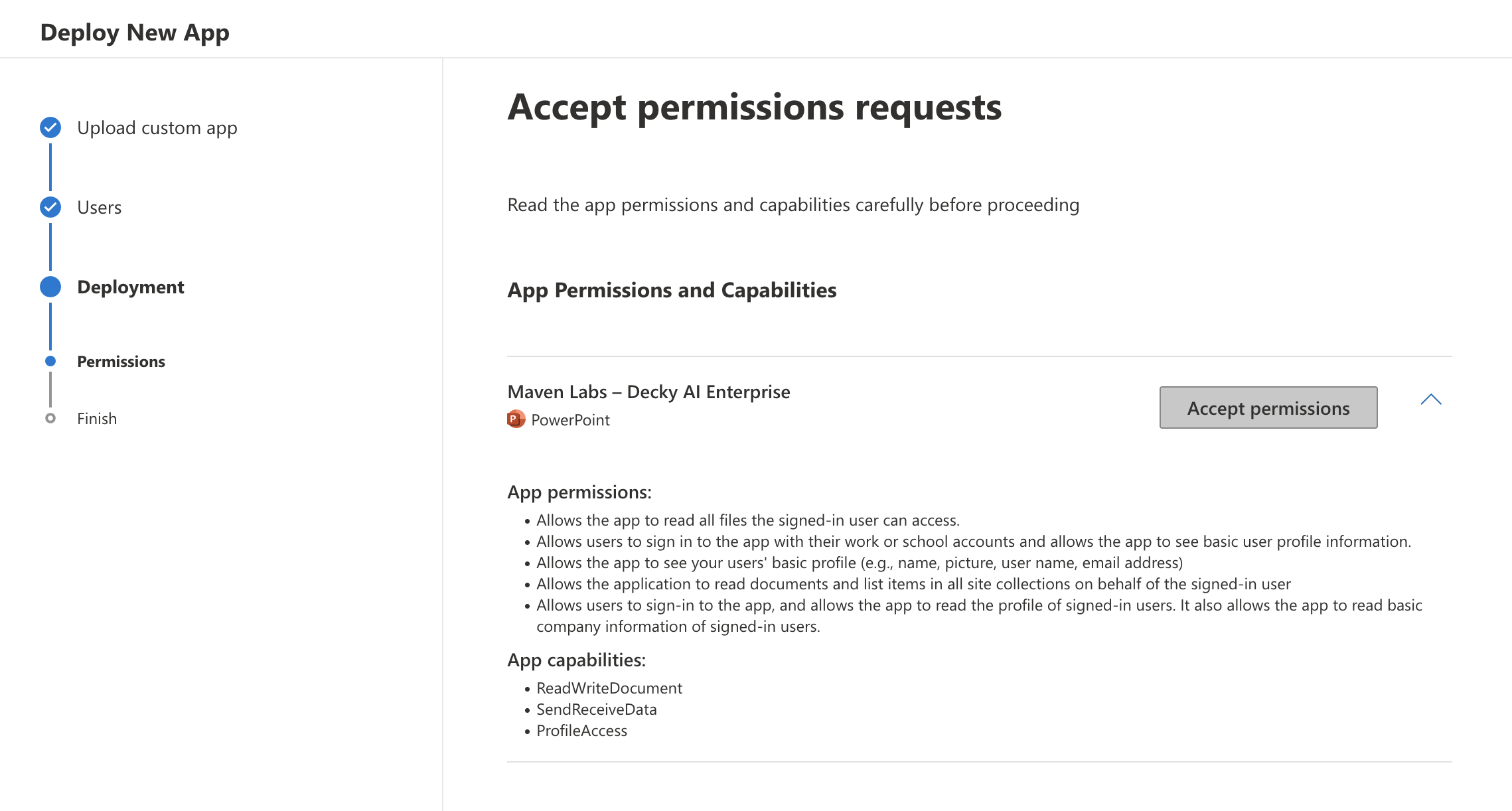 Accept permissions screen for the Decky AI add-in