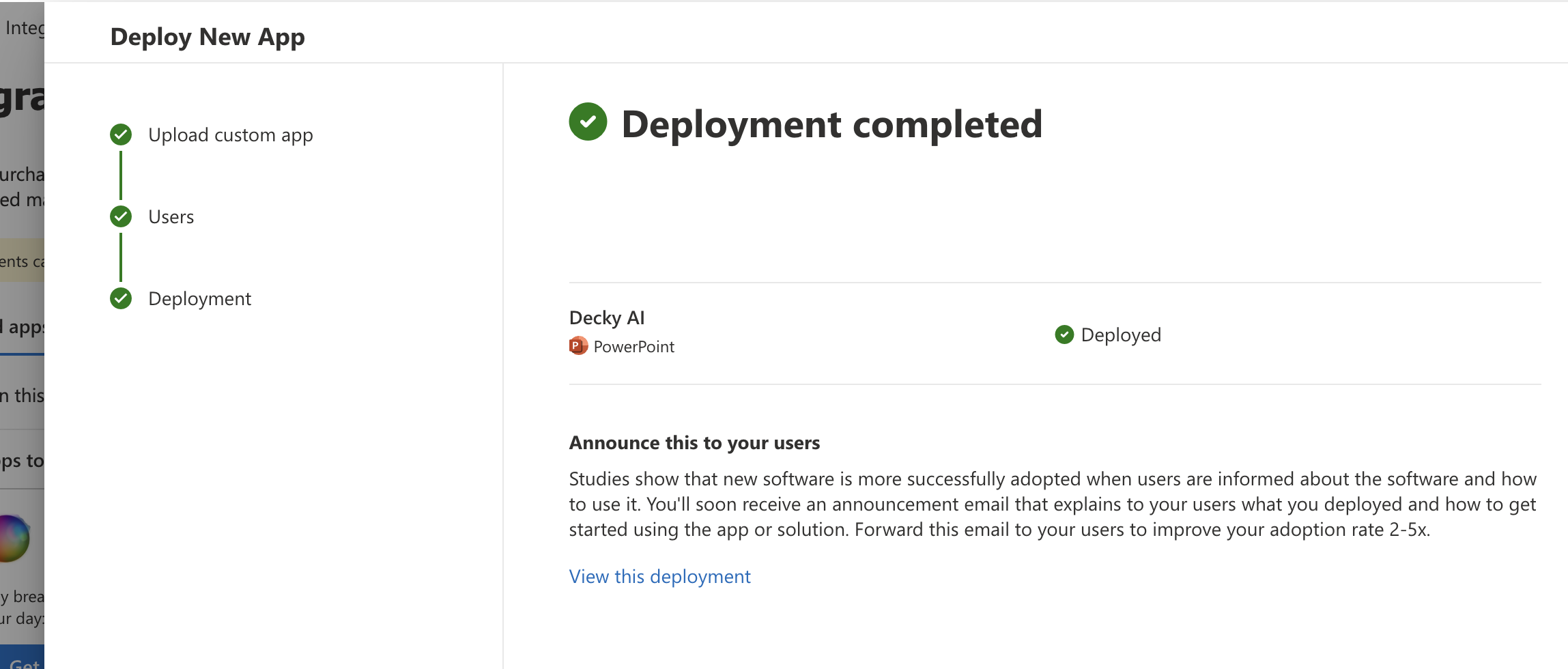 Deployment completed confirmation screen in the admin center