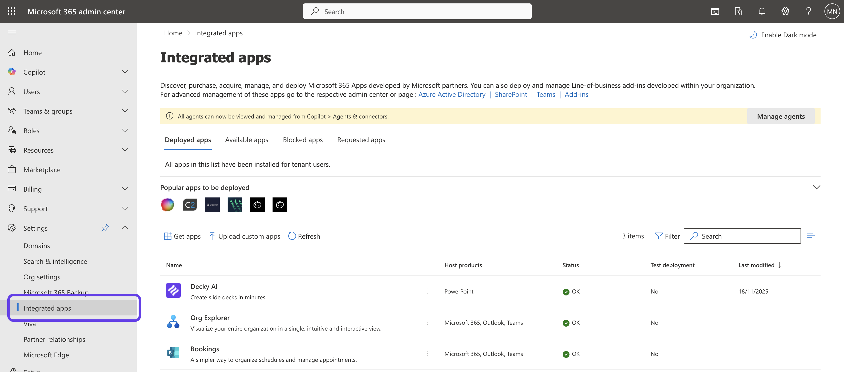 Microsoft 365 admin center showing the Integrated apps overview