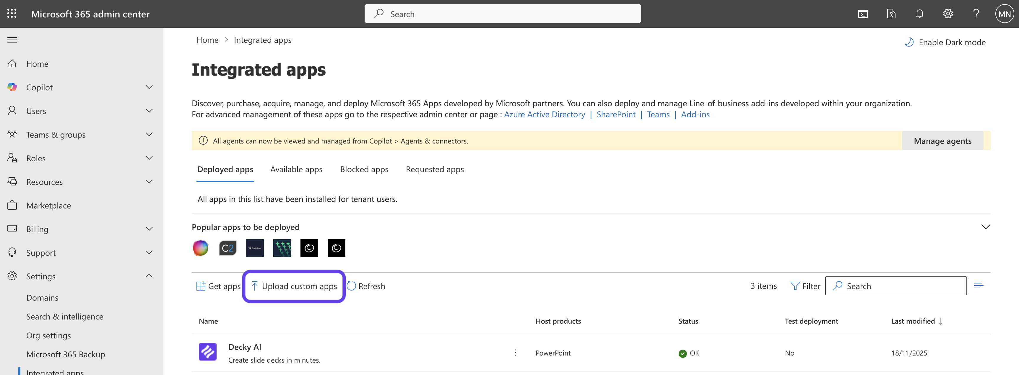 Upload custom apps dialog in the Microsoft 365 admin center