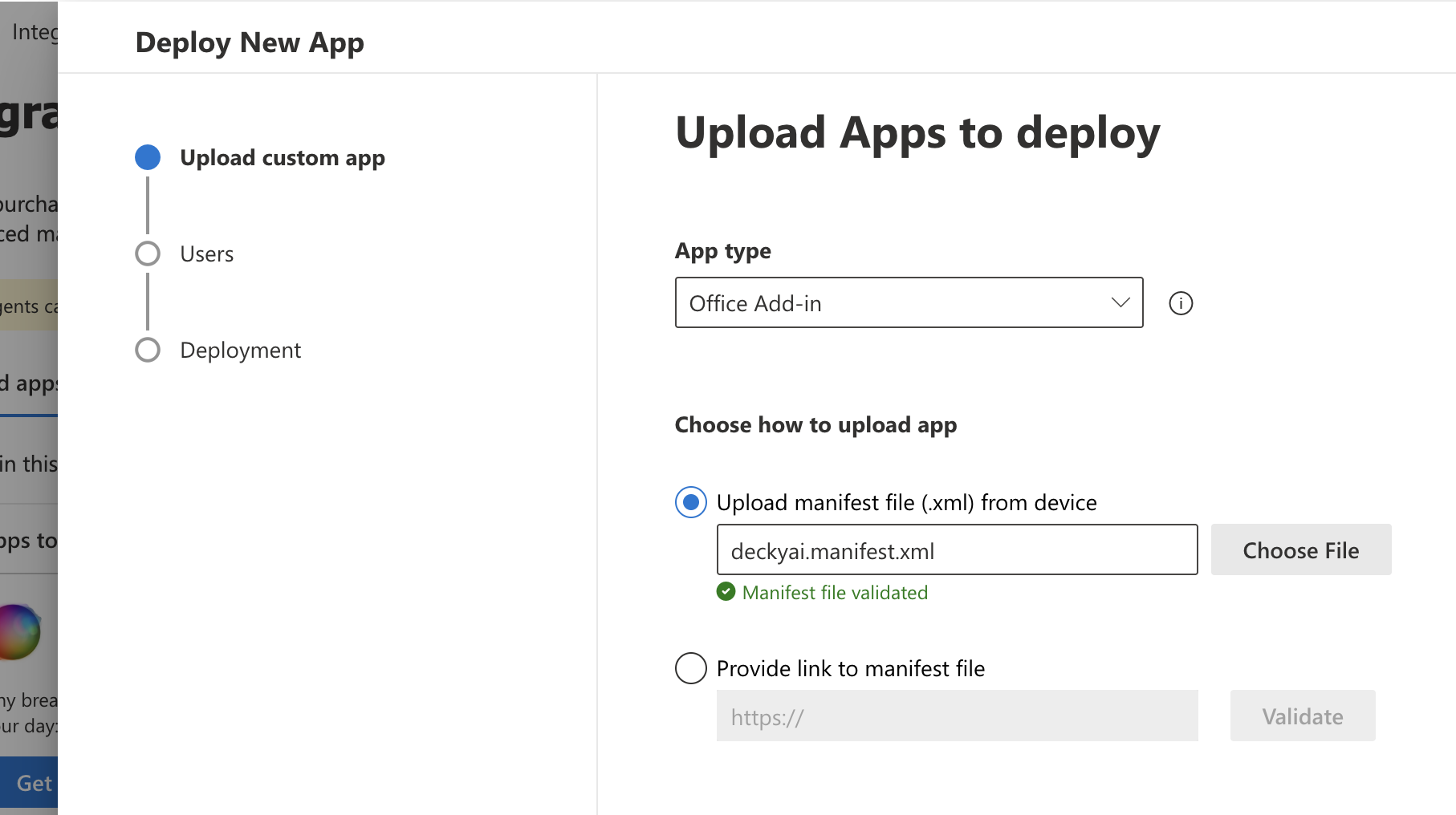 Manifest XML upload step with the Decky AI manifest selected